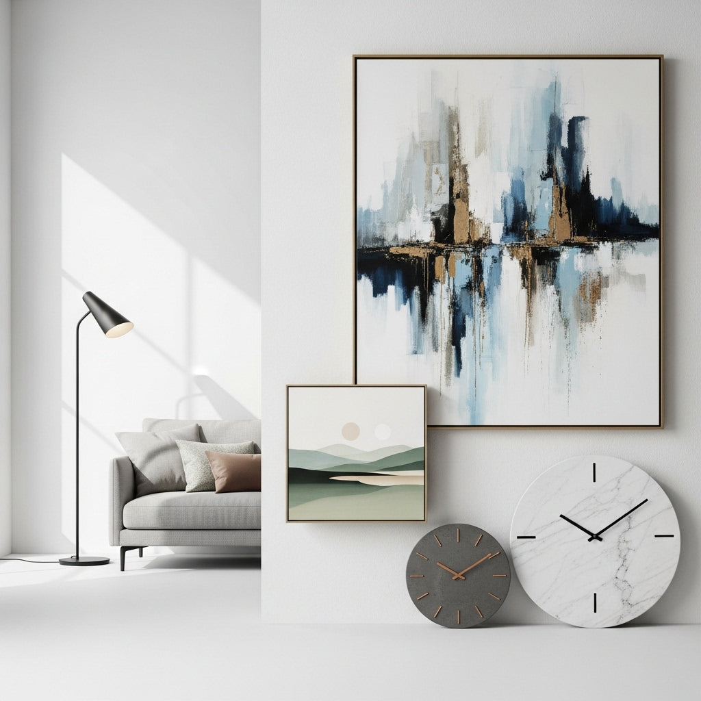Estetik tablo ve saatler ile tasarlanmış modern oturma odası dekoru, Tablo ve Saatler koleksiyonuyla dolu.