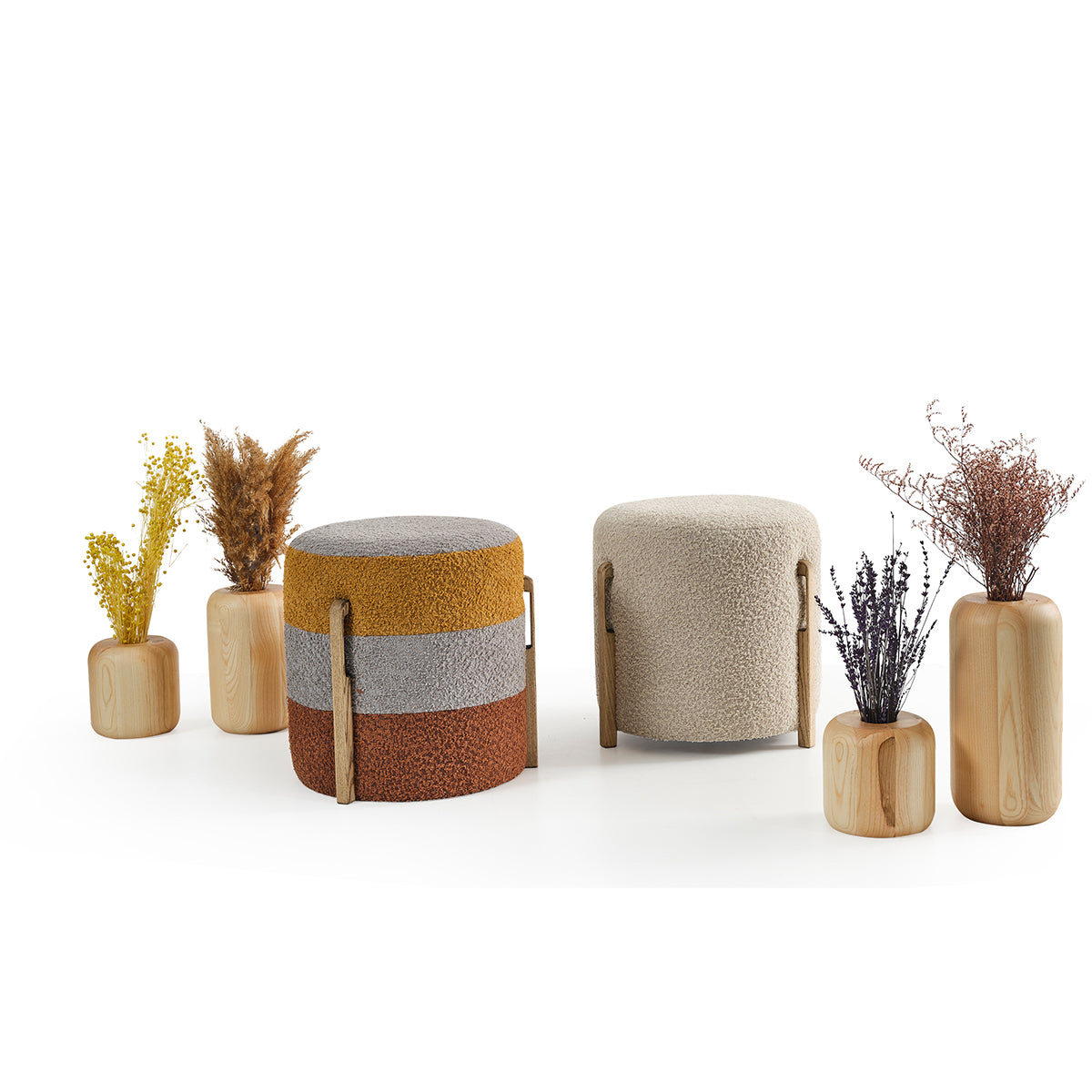 Fabl Puf - Modern Ahşap Detaylı Yuvarlak Puf | Tarzdeco