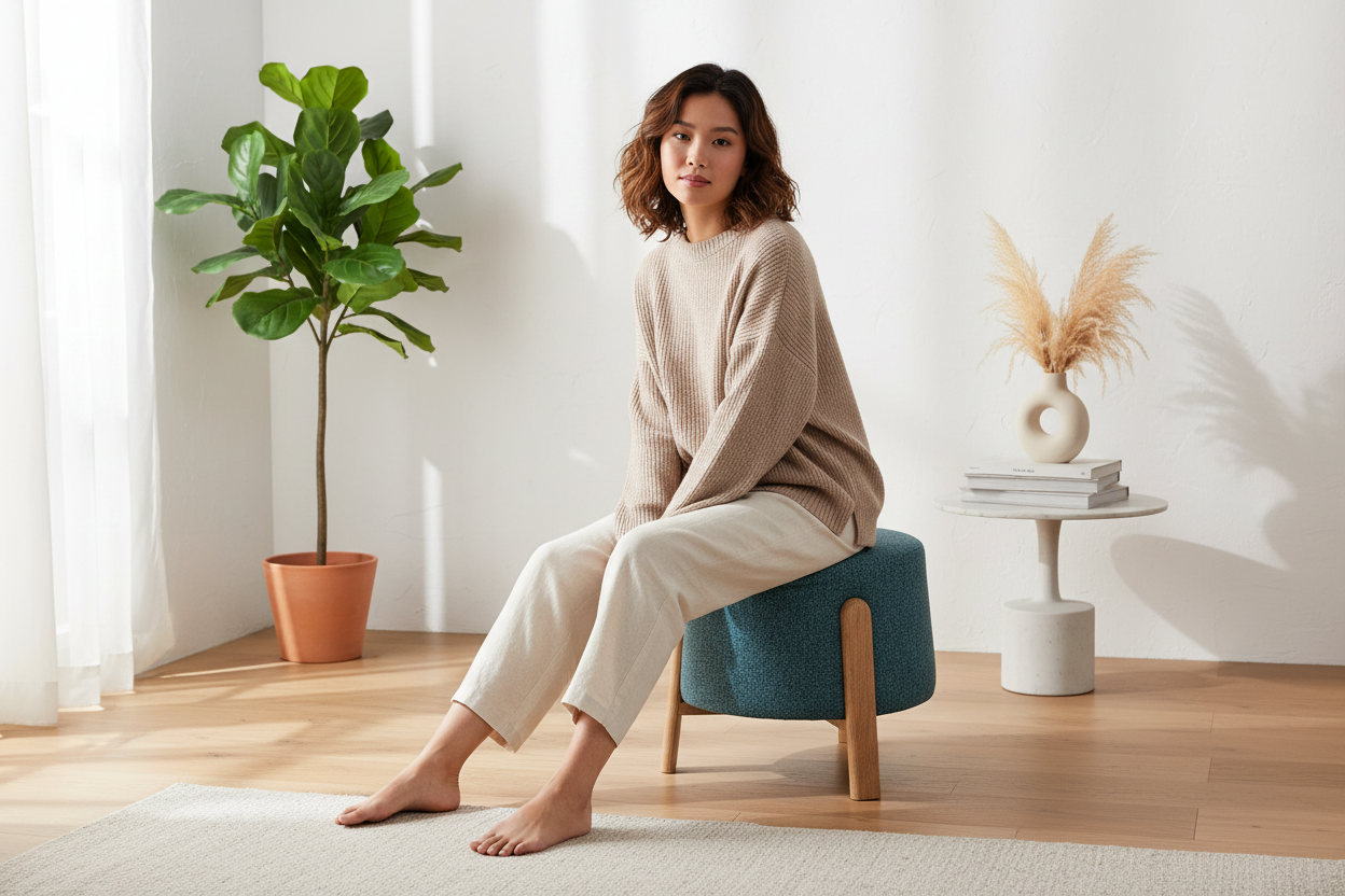 Harmony Puf - Modern Ahşap Ayaklı Yuvarlak Puf | Tarzdeco