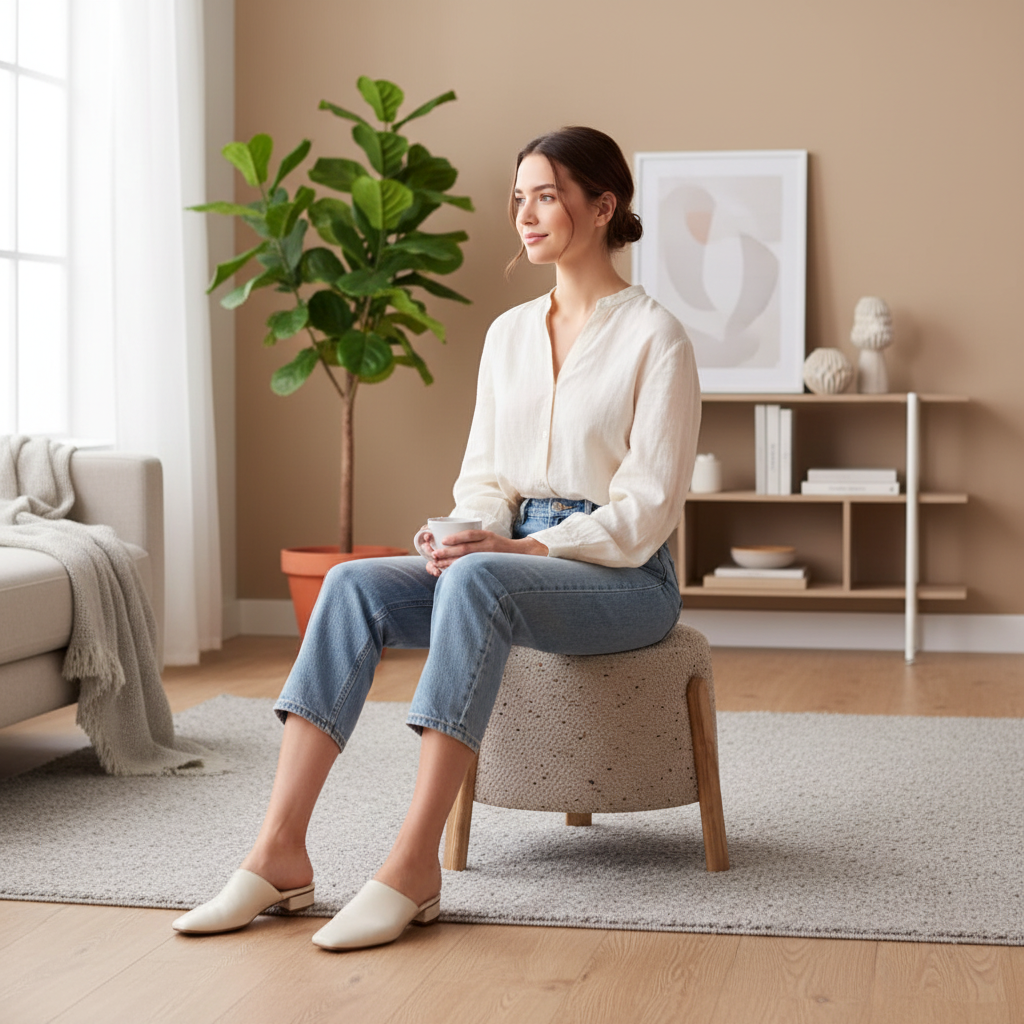 Harmony Puf - Modern Ahşap Ayaklı Yuvarlak Puf | Tarzdeco